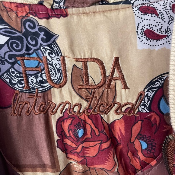 Vintage 90's FUDA International Floral Boho Abstract Silk Bomber Jacket Unisex L - Picture 4 of 12